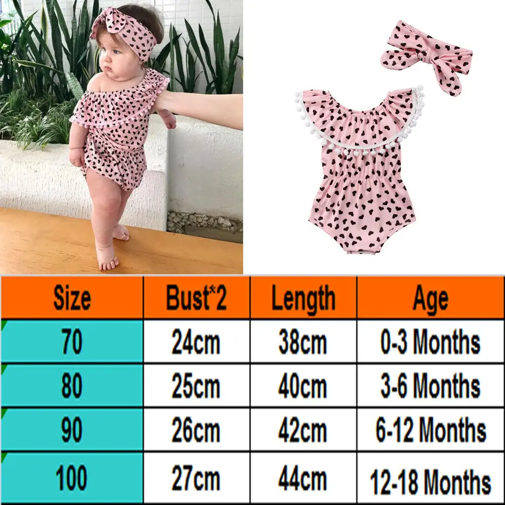 Одежда для малышей с принтом «сердечки» для маленькой девочки Форма с открытыми плечами комбинезоны с кисточками+ повязка на голову, Детская летняя одежда для девочек, на возраст от 0 до 18 месяцев, для младенцев, для новорожденных