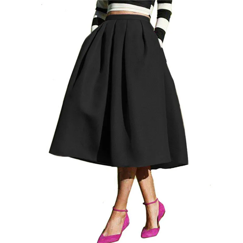 

Female Fashion 2019 Street Style Solid Casual Flare High Waist Pleated Pockets Flare Pleated Spring Latest Vintage A Midi Skirt