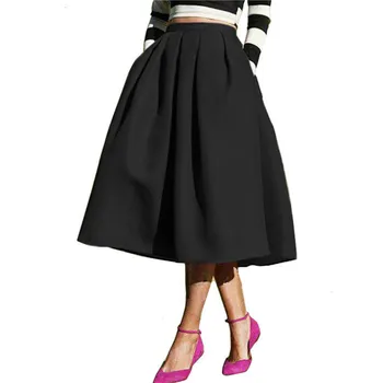 

Female Fashion 2019 Street Style Solid Casual Flare High Waist Pleated Pockets Flare Pleated Spring Latest Vintage A Midi Skirt