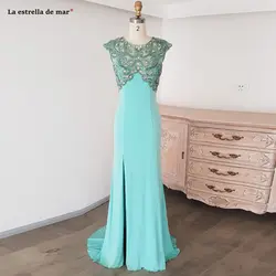 Vestido de baile 2019 Новый кристаллическая крышка рукава высокий разрез Сексуальная Русалка бирюзовые платья для выпускного Длинные Реальные фото