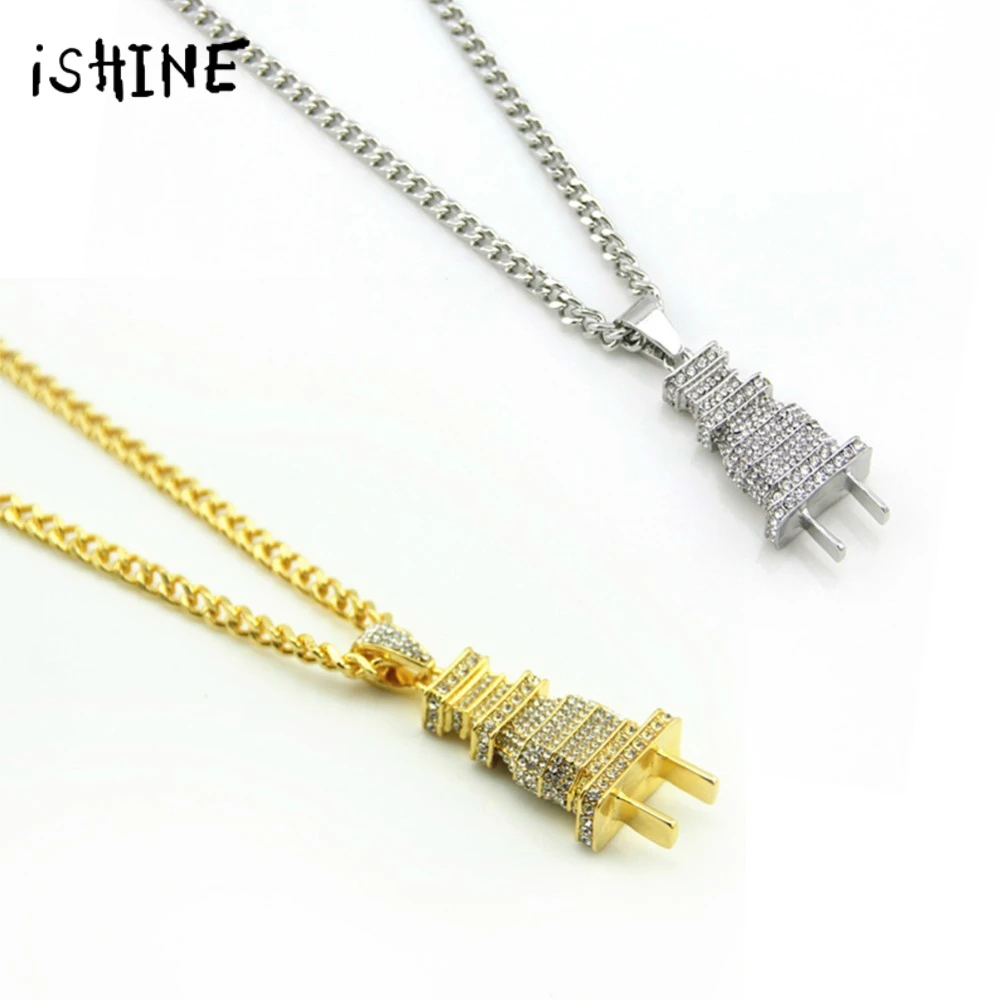 Iced Out Bling Plug Pendant Necklace Gold Silver Color Charm Micro Pave Full Rhinestone Hip Hop Jewelry | Украшения и аксессуары