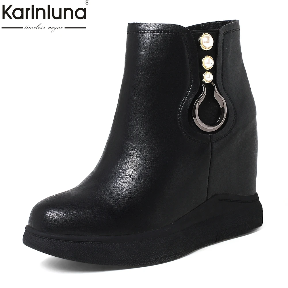 

KarinLuna Brand new Large Size 32-40 Genuine Leather Zip Up Add Fur Increasing Heels Woman Shoes Women Vulcanize Shoes Woman