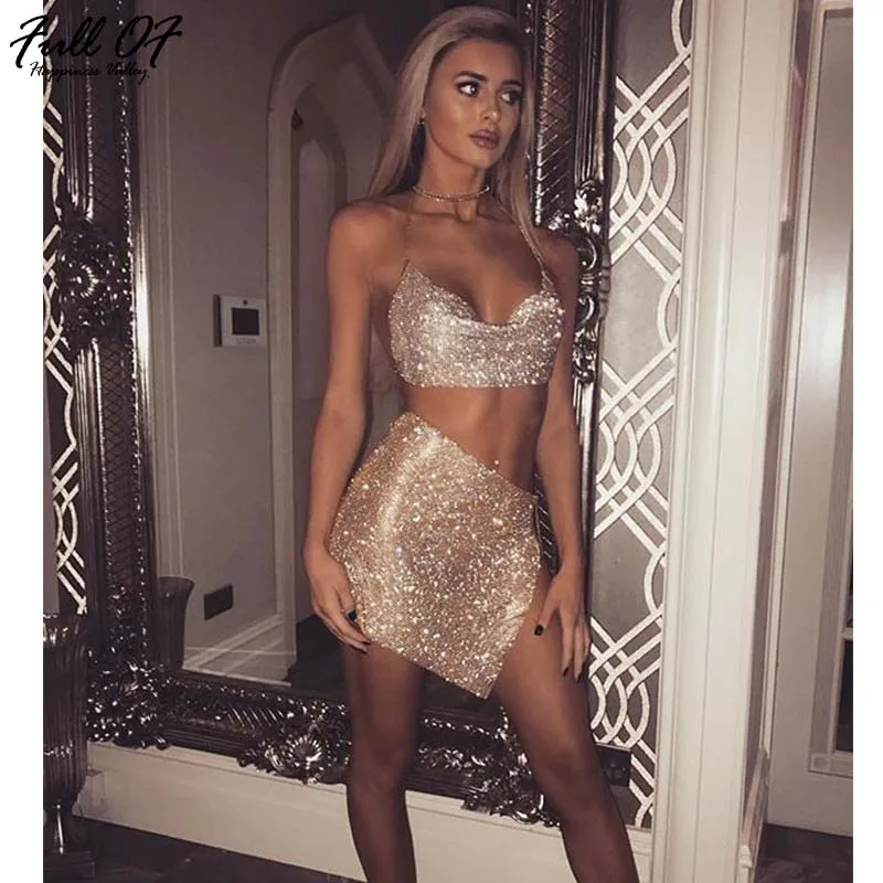 Sexy Metal Crystal Diamonds Chain Women Sequins Dress Two pieces Set 2017 New Summer Gold silver Luxury Night club party Dresses | Женская