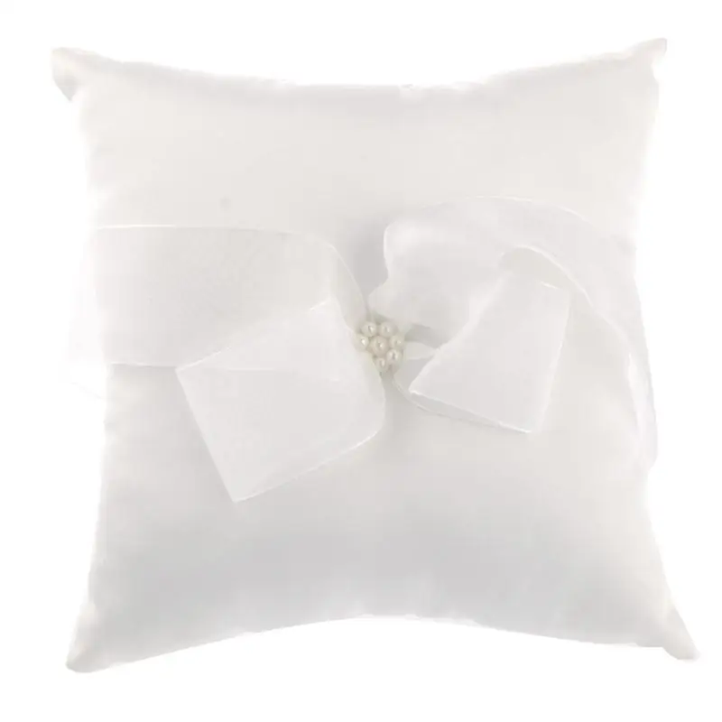 Crystal Heart Wedding Ring Bearer Pillow Cushion White Satin Black Ribbon