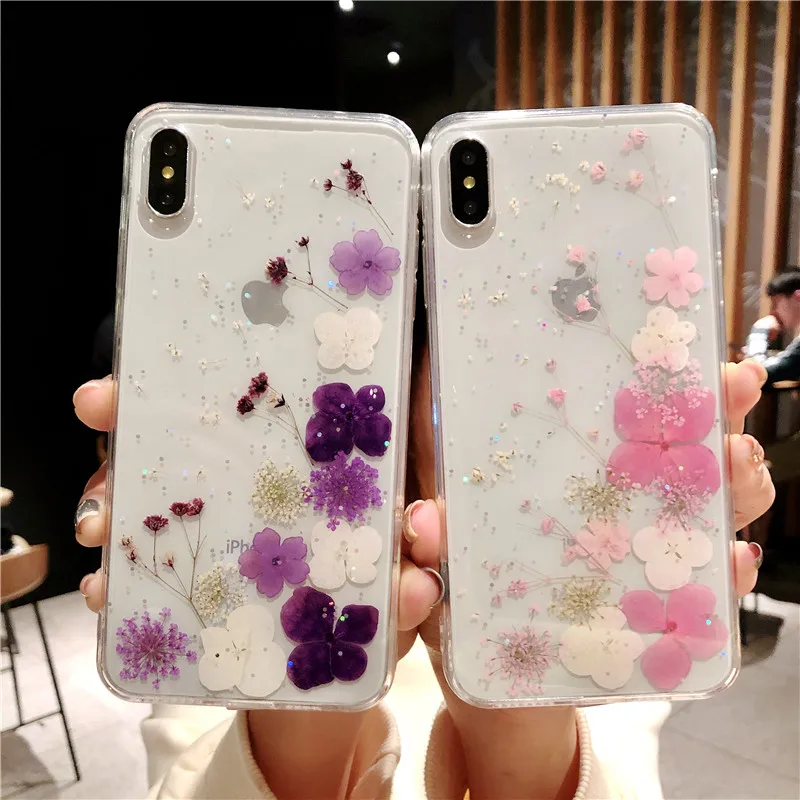 

Fashion Natural Real Dried Flower Epoxy Phone Case For iPhone 6 6S 7 8 Plus X XR XS Max Glossy Floral Soft TPU Back Cover Capa