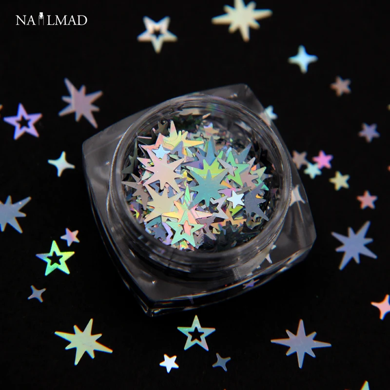  1box Holographic Octagonal Star Glitter Mixes Hollow Star Nail Sequins Cross Star Glitters Nail Art