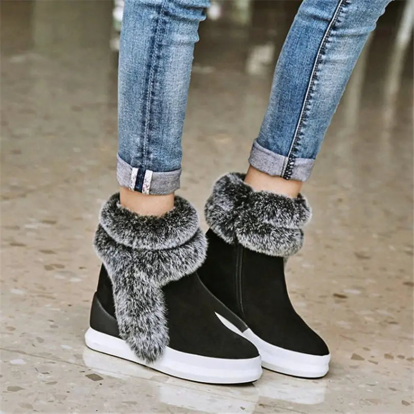 

NAYIDUYUN Womens Rabbit Fur Shoes Genuine Leather Wedges Platform High Heel Snow Boots Round Toe Winter Warm Pumps Sneakers
