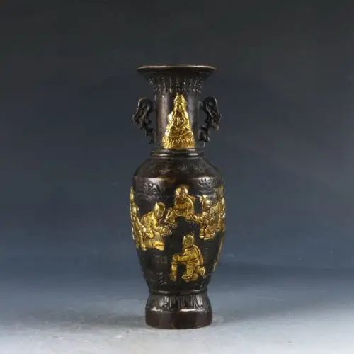 Китайская медная позолоченная ручная резьба Kwan-yin детская ваза банка с рисунком