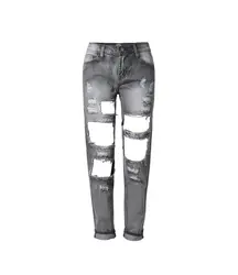Серый Рваные джинсы для Для женщин Персонализированные узкие стрейч деним теленок-длина Брюки для девочек Дамская мода высокое качество