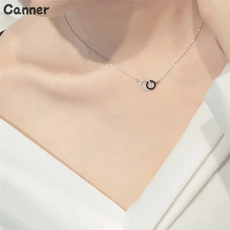

Canner 925 Sterling Silver Necklaces Rhinestone Double Circle Pendant Necklace For Women Jewelry Collar