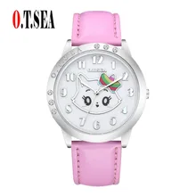 Scorching Sale O.T.SEA Model Style Beautiful Cat Leather-based Watches Childlren Woman Girls Crystal Quartz Gown Wristwatches