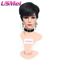 Usmei короткий прямой черный парик для Для женщин женские парики синтетические термостойкие волокна природные поддельные 6 дюймов косплей