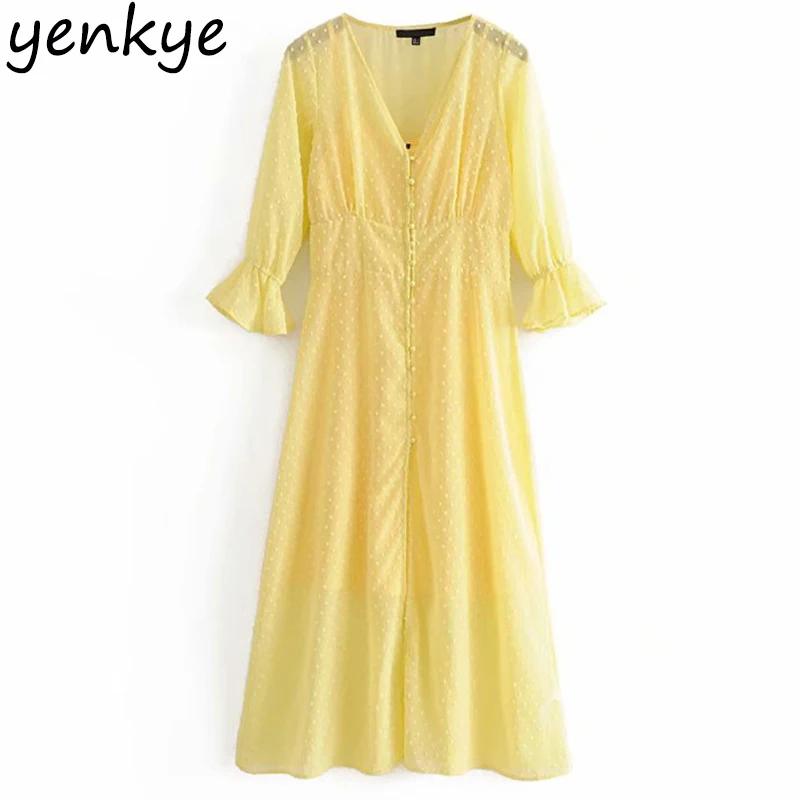 

2pcs Summer Dress 2019 Women Dotted Yellow Chiffon Dress Romantic Lady Butterfly Sleeve V Neck Semi-sheer A-line Long Dress Sexy