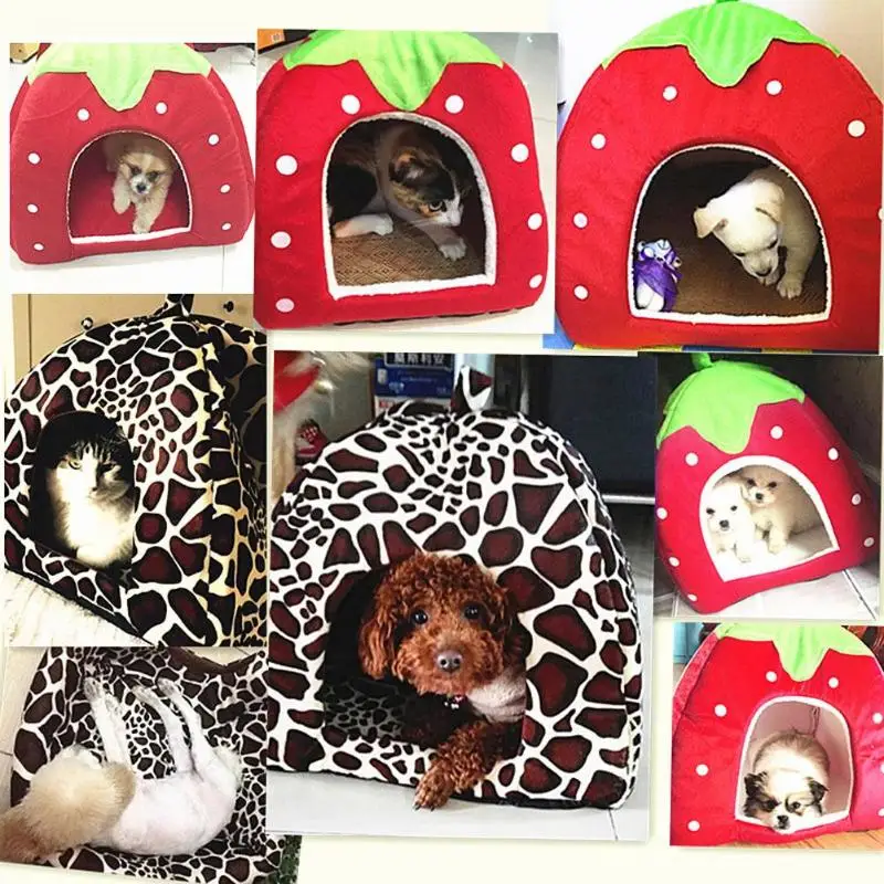 

Soft Strawberry Leopard Pet Dog Cat House Tent Kennel Doggy Winter Warm Cushion Basket Animal Bed Cave Pet Products Supplies