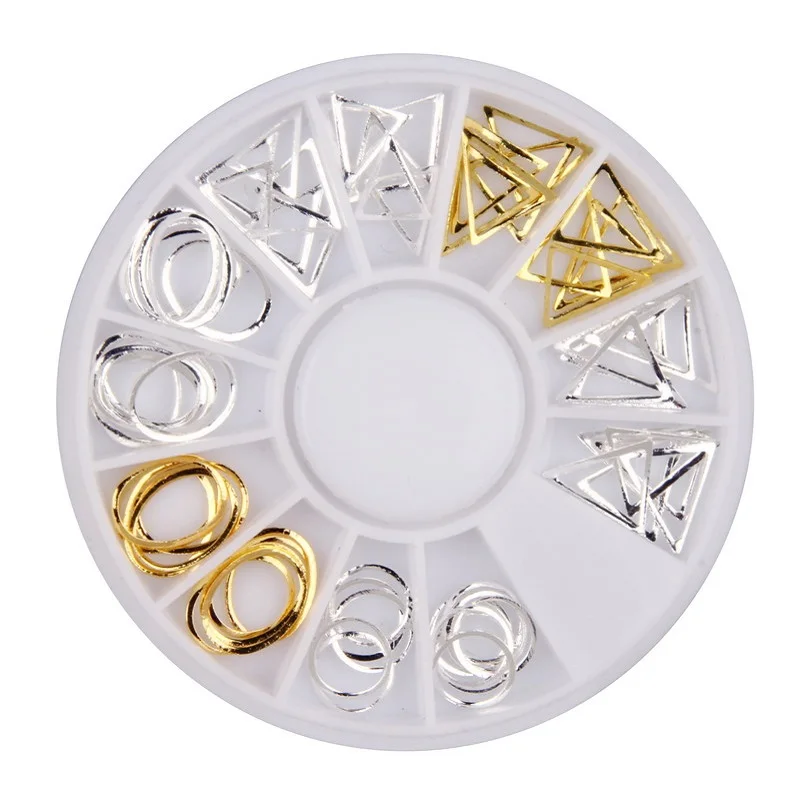 

Alloy Nail Art Wheel Silver Gold Hollow Triangle Round Shape Assorted Metal Nail Charms Decoration Slices Spikes DIY Nails Kit