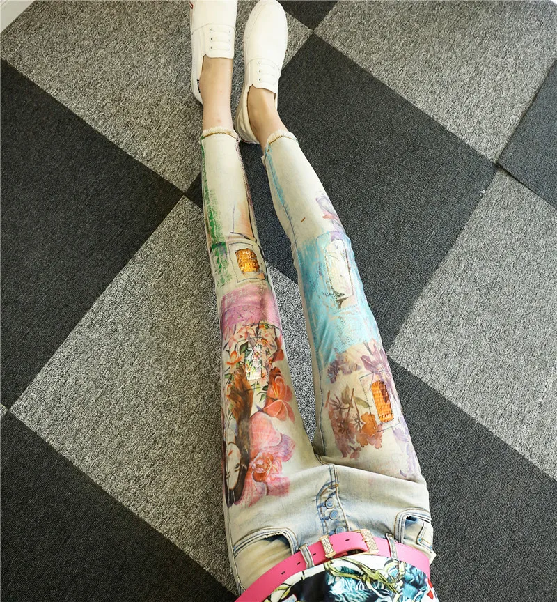 Novio Belleza Impresión Skinny Casual De Denim Light Tamaño Vintage Agujero Plus 32 Blue Mujer Lápiz Jeans 25 La Ontq16wZ7x