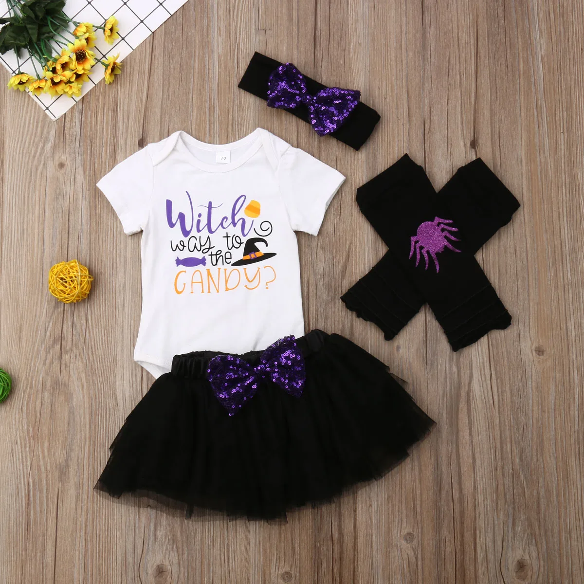 Комплект из 4 предметов для новорожденных, на Хэллоуин, для маленьких девочек 0-18 месяцев, комбинезон+ юбка-пачка, платье+ гетры, комплект одежды