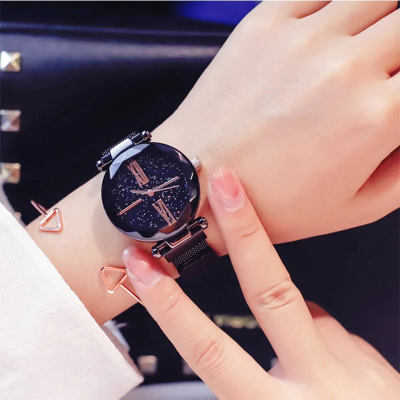 

2019 Hot Sale Starry Sky Female Women's Luxury Magnetic Magnet Ladies Quartz Wristwatch Geometric Surface Diamond Watches