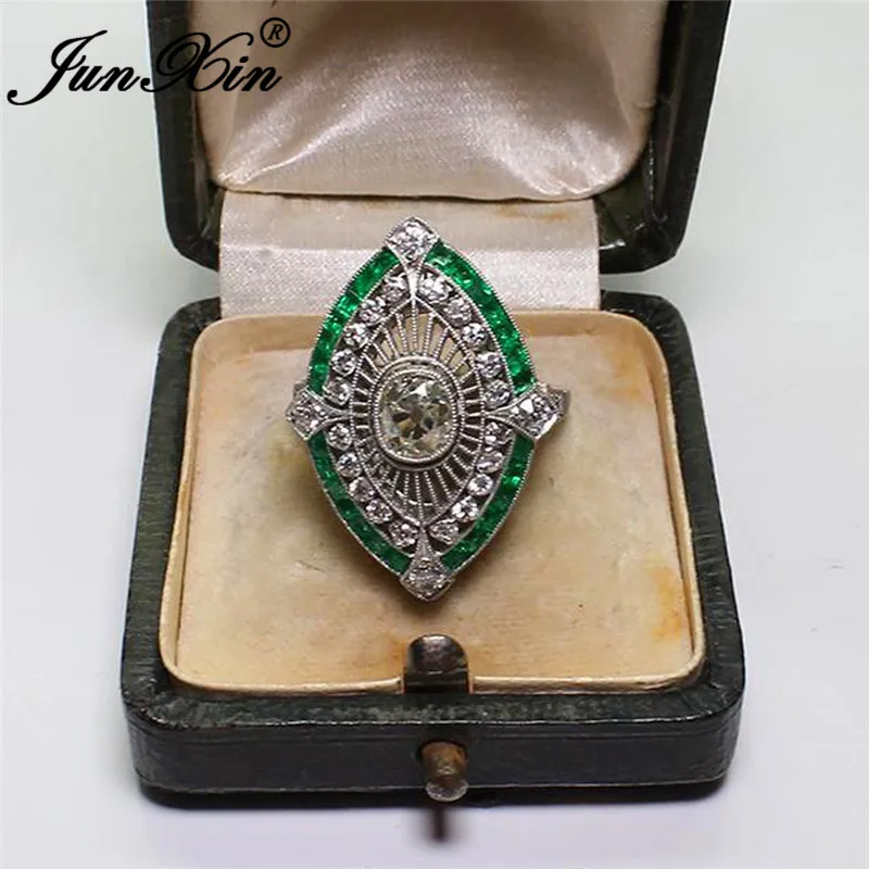 Green Ring JUNXIN, антикварные 925 пробы, заполненные серебром, с голубым камнем, маркиза, большие кольца для мужчин и женщин, винтажные, зеленые, циркониевые, очаровательные, обручальные кольца - Цвет основного камня: Green Ring