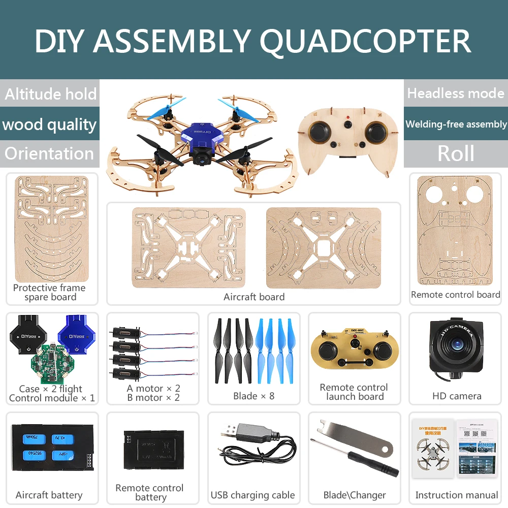 Новейший DIY мини микро деревянный Квадрокоптер, Радиоуправляемый беспилотный летательный аппарат Wi-Fi приложение дистанционное управление FPV HD камера Сварка- сборка обучающий вертолет