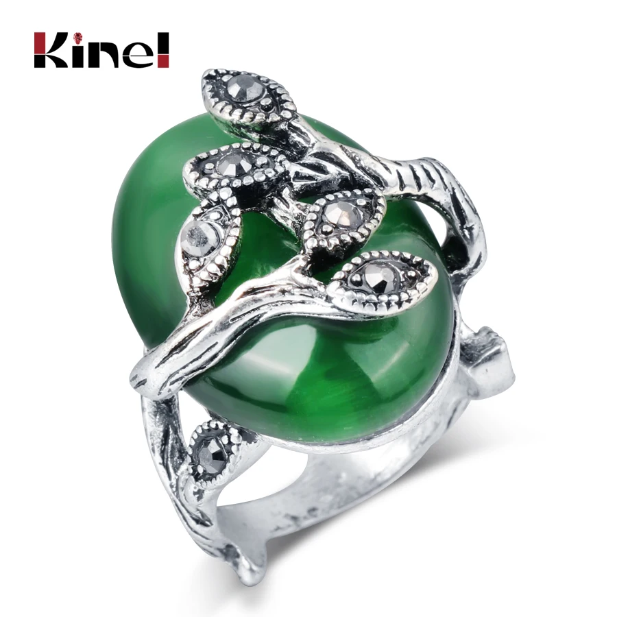 

Kinel Hot Vintage Green Oval Ring For Women Austrian Crystal Antique Silver Color Retro Jewelry Natural Stone Ring Party Gift