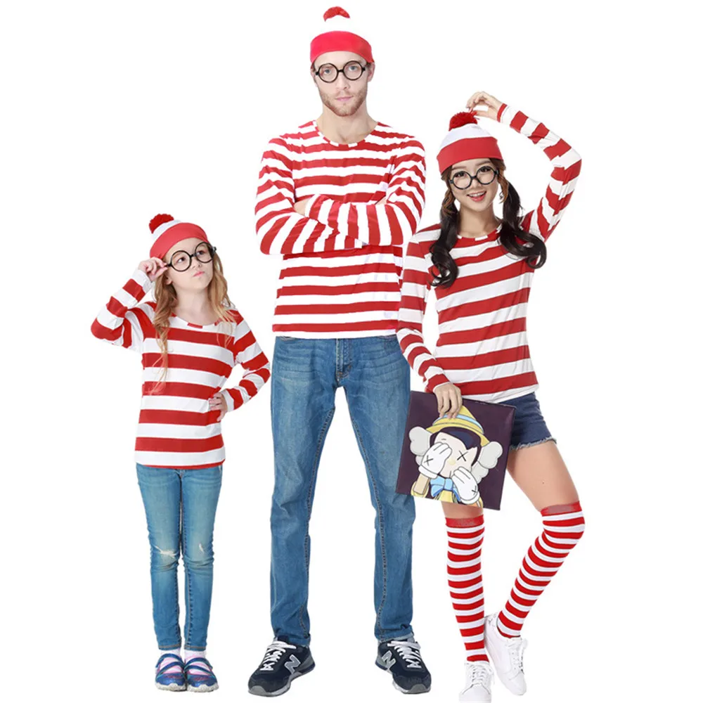 

Cosplay Parent-Child Cartoon Where is Wally Waldo Costume Red Stripe Shirt /Hat /Glasses/Sock striped Christmas pajamas costume