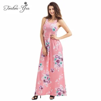 

High Quality 2018 New Vintage Dresses Summer Print Floral Party Dress Sleeveless Luxury Beach Long Dresses Female Pink