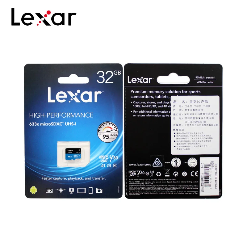 Lexar карта памяти 128 Гб 64 Гб оперативной памяти, 32 Гб встроенной памяти Micro SD карты 256 ГБ SDHC/SDXC 512GB карты памяти 95 МБ/с. флеш-карта для смартфона Gopro