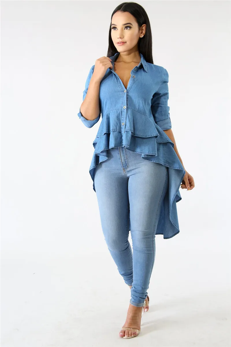 fashion layered ruffles denim shirt-3