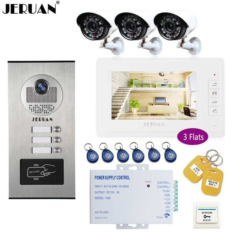 JERUAN 7`` LCD Video Door phone Intercom system Kit RFID Access Entry Security Kit For 3 Apartment Camera + 3 CCTV Analog Camera