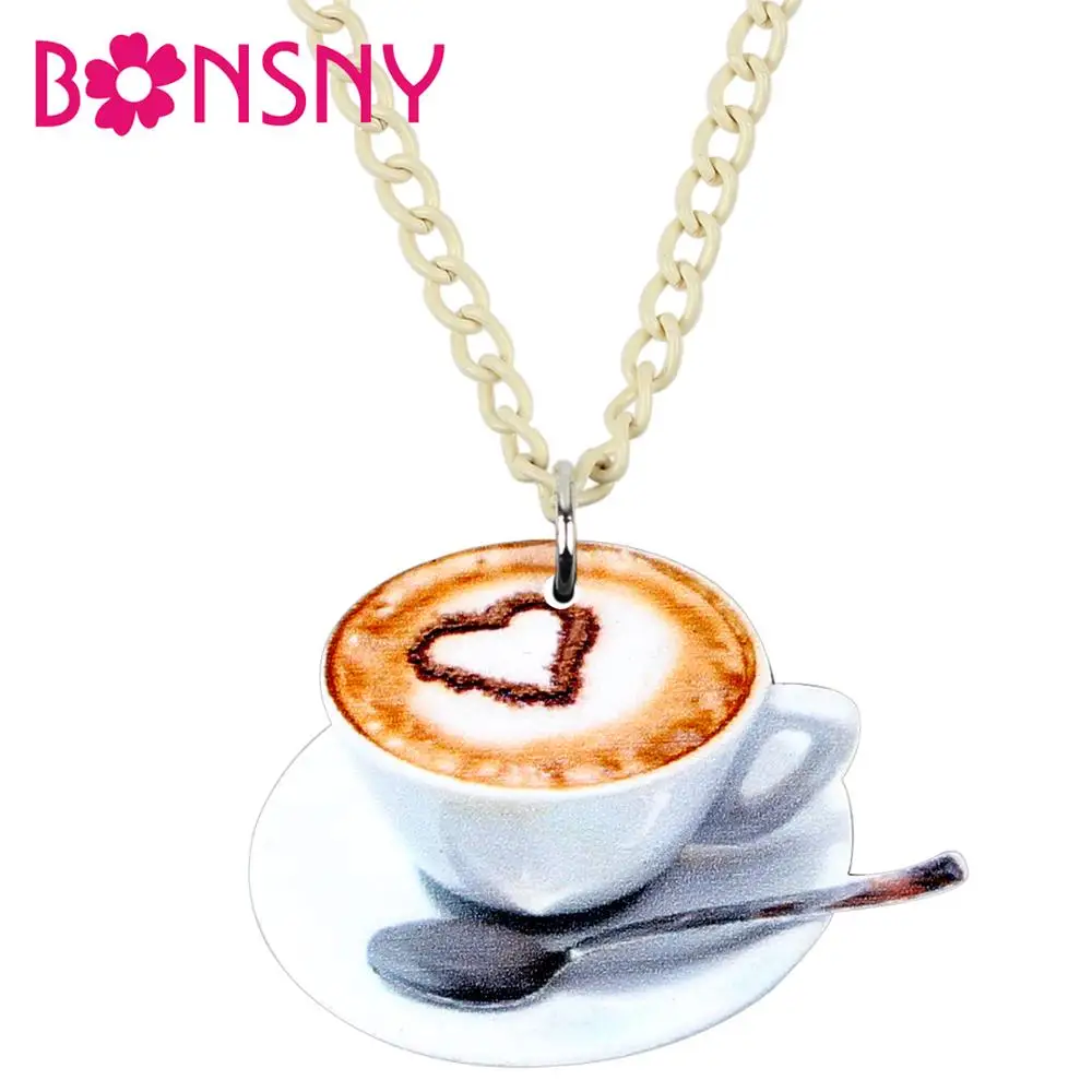 Bonsny Acrylic Novelty Coffee Cup Pendant Necklace Chain Choker Fashion Love Heart Jewelry For Women Girls Party Gift Decoration
