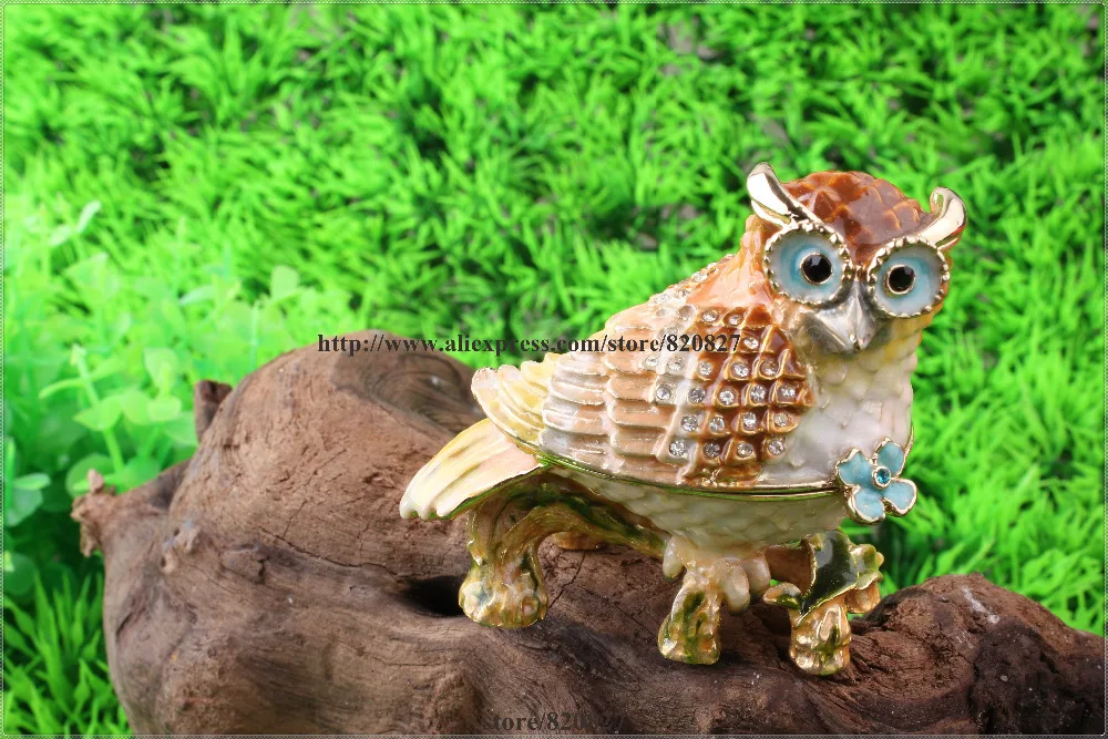 Owl on a Branch Trinket Box Barn Owl Figurine Keepsake Box Crystals Hinged Trinket Pill Box
