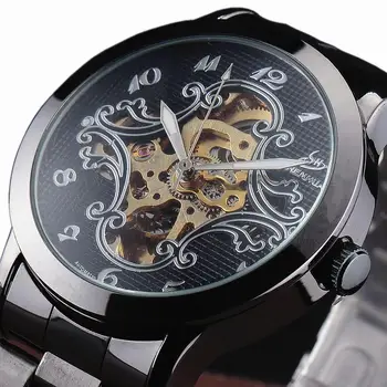 

New Fashion Stainless Steel Clock Men Skeleton Watch Noble Design Classic Wrist Gentry Dress Mechanical Automatic Watches Gift