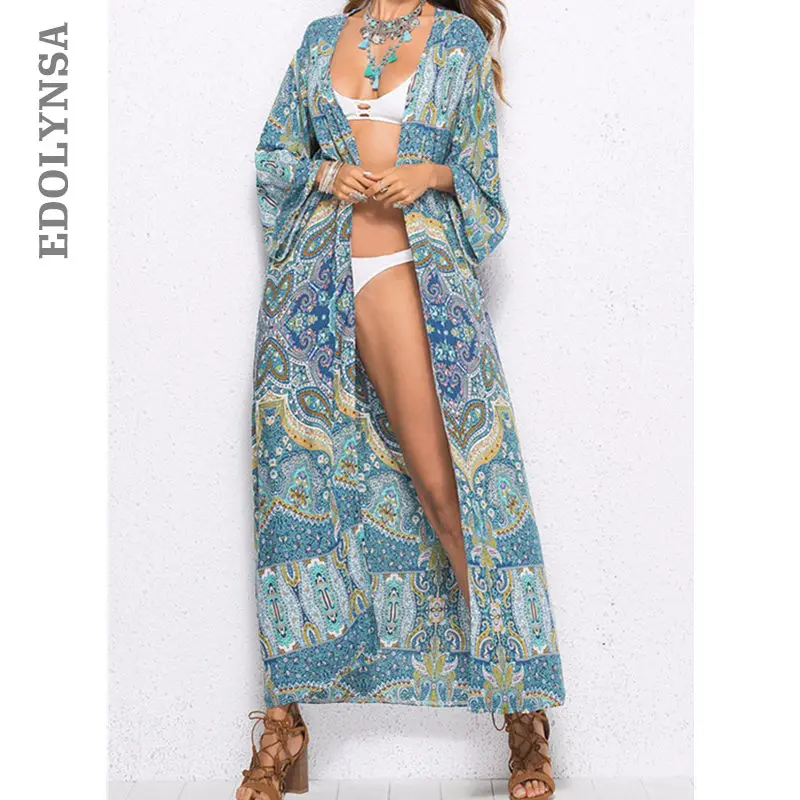 

Summer Women Beach Wear Swim Suit Bikini Cover Up Plus Size Cyan Mystic Pattern Print Long Beach Kimono Sarong Robe De Plage A36