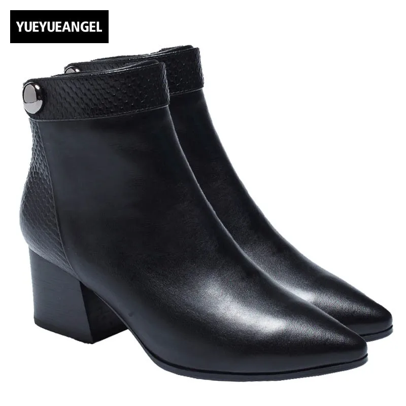 

Luxury Office Genuine Leather Ankle Boots Women 2019 New Pointed Toe Thick High Heel Knight Boots High Quality Zip Black Botas