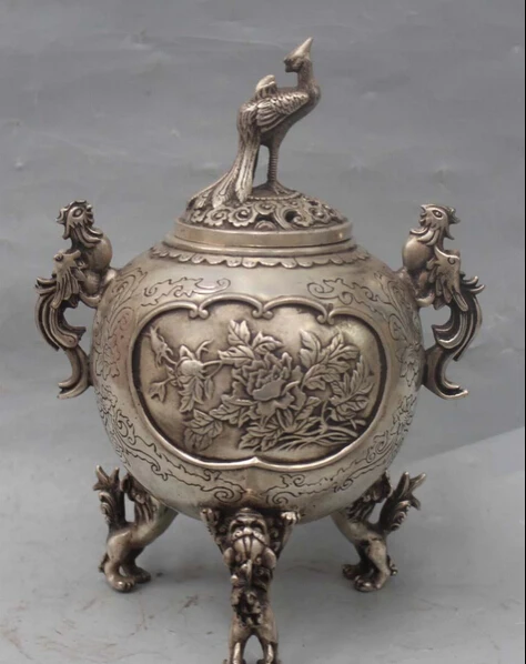 9&quot Marked Chinese Silver Lucky Animal Phoenix Lion PiXiu Incense Burner censer |