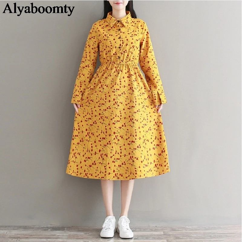 

Elegant Spring Autumn Women Midi A-Line Dress Turn Down Collar Print Elastic-Waisted Female Vestidos Full Sleeve Corduroy Dress