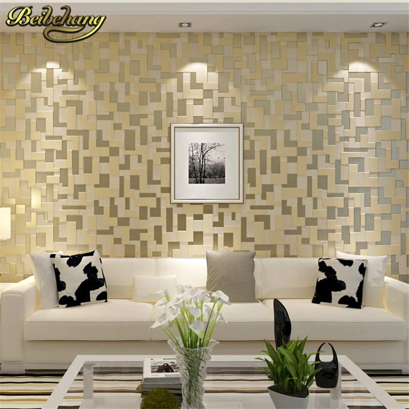 beibehang 3D embossed nonwoven stereoscopic mosaic wallpaper rolls modern woven flocking wall paper living room Home Decoration