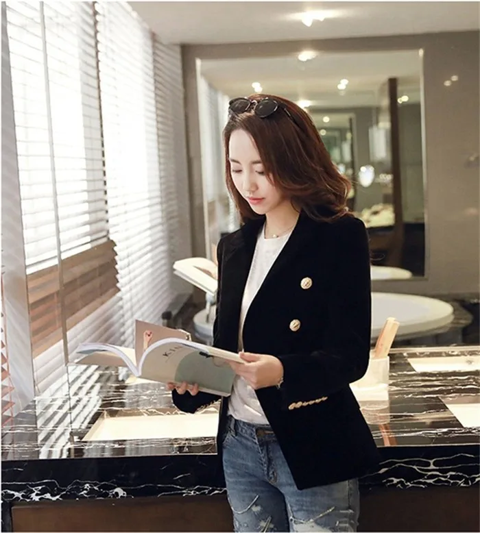 2016 New Spring Fashion Women Midnight Navy Slim Velvet Blazer Jacket Double Breasted simple Lady Blazers (27)