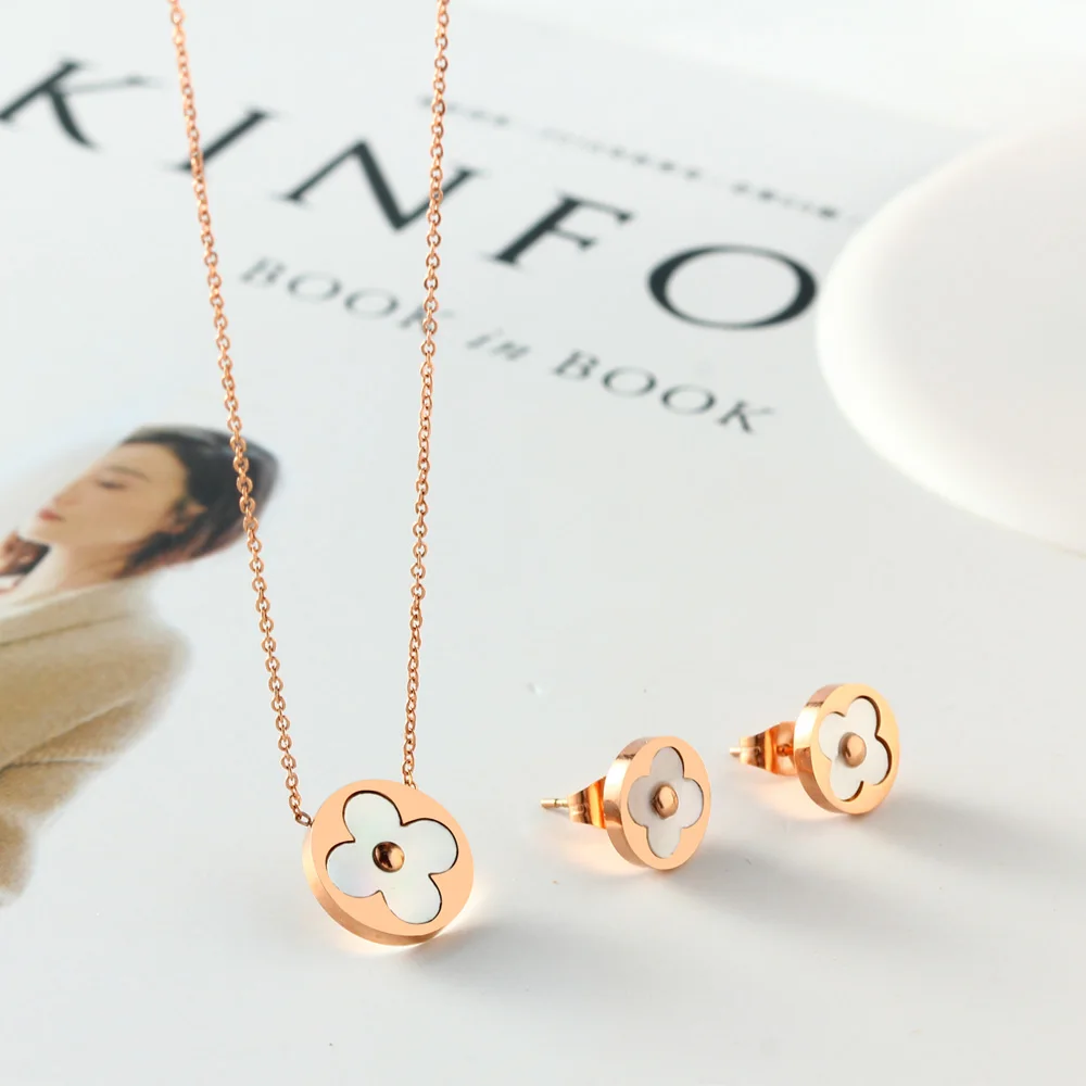 

stainless steel jewelry sets accessories for women stud earrings brincos earing chocker neckless clover pendant necklace choker