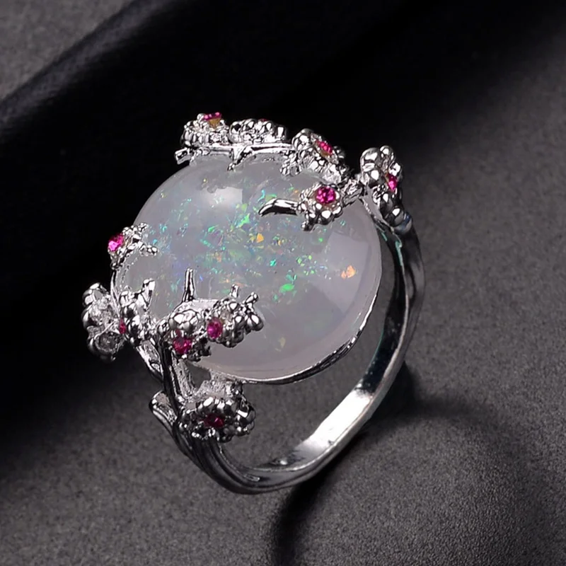 

Beautiful Tree & Flower Ring Jewelry Black Gold Filled Romantic CZ Big White Fire Opal Rings for Women Ring