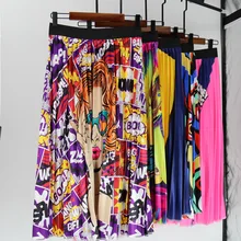 Винтажные плиссированные юбки с цветочным принтом Harajuku, женские юбки с мультяшным принтом, эластичная юбка с высокой талией, свободные трапециевидные Юбки-миди 3XL