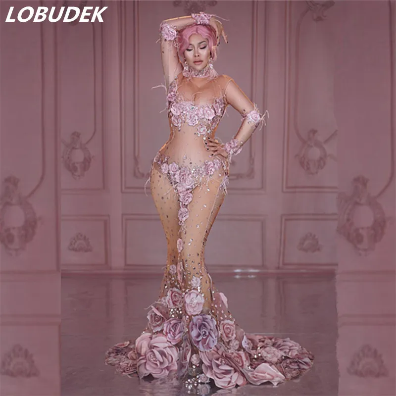 

2019 Pink Flowers Pattern Rhinestones Dress Women Birthday Celebration See-through Crystals Trailing Dress Singer Costume