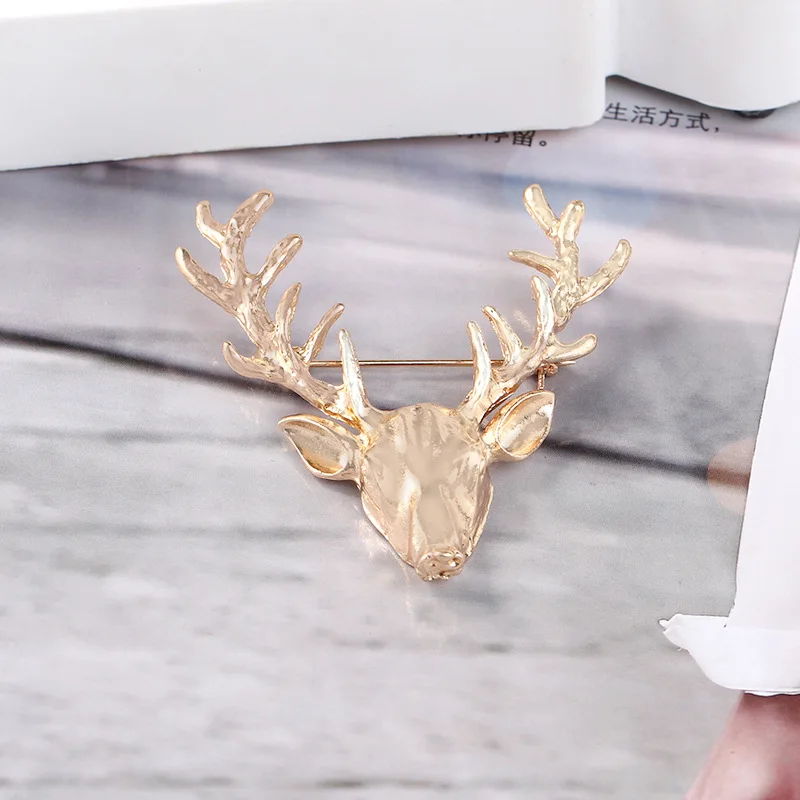 Unisex Animal Christmas Xmas Popular Cute Gold Deer Antlers Head Pin Brooches For Women Lady Classical Decoration Pins