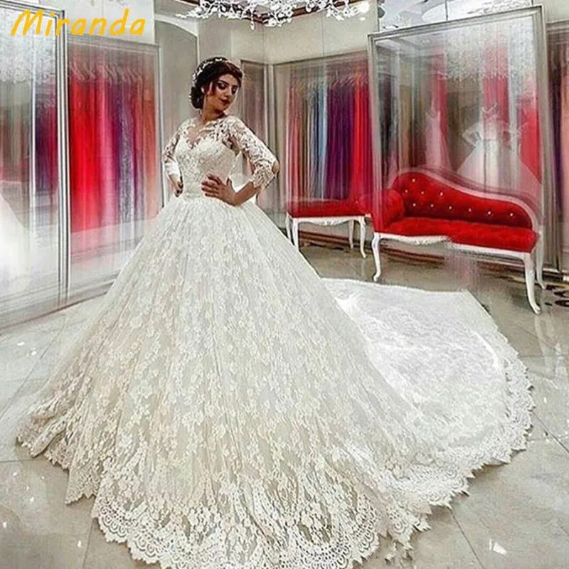 Luxury Full Lace Muslim Wedding Dresses 2017 A Line Illusion Long Sleeves Plus Size Cathedral Train Sexy Back Dubai Islamic Bridal Gowns588.2__