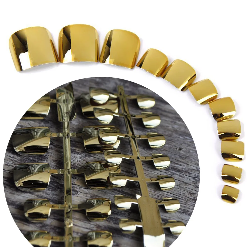 

Lady Feet Patch Gold Metallic Salon Toe Nail Tips Mirror Style Full Cover Fake Press On Nails for Foot Daily Wear N11