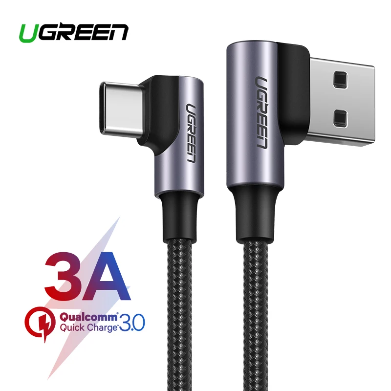 Ugreen النايلون USB C كابل 90 درجة سريع شاحن USB نوع C كابل ل شياو mi mi 8 سامسونج غالاكسي s9 plus الهاتف المحمول USB-C الحبل