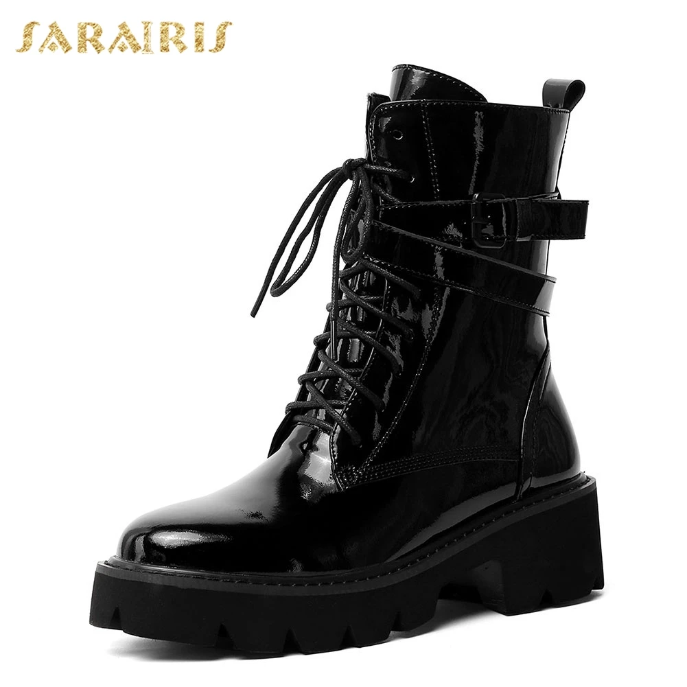 

Sarairis Brand New Big Size 33-43 Patent Genuine Leather Chunky Heels Shoes Woman Casual Party Ol Autumn Winter Ankle Boots
