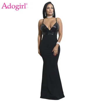 

Adogirl 2018 New Sequins Bodice Spaghetti Straps Maxi Dress Gorgeous Deep V Neck Backless Mermaid Long Evening Party Dresses