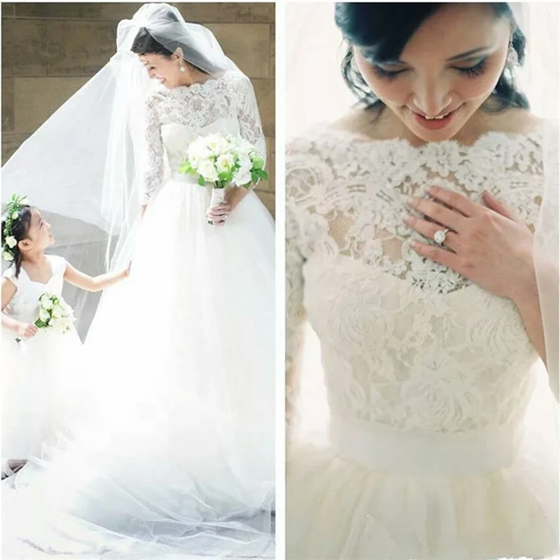 

Elegant 3/4 Long Sleeves Wedding Dresses 2019 Puffy Beach Bridal Gowns Bateau A-line Full Length Tulle Lace Vestidos De Novia